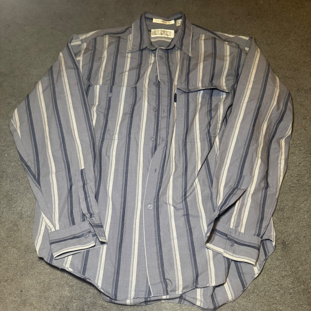 Vintage Levis Silver Label Striped Button Down Shirt Mens Medium Blue Grey L/S